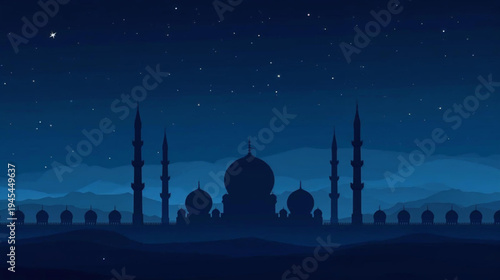 illustration silhouette of a grand mosque with minarets and domes under starry sky vector background