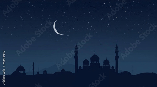 illustration silhouette of a grand mosque with minarets and domes under starry sky vector background