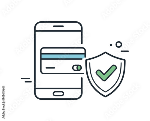 Secure mobile payments and trusted digital transactions in everyday financial technology services used by modern consumers, a smartphone displaying a payment card icon beside a small shield