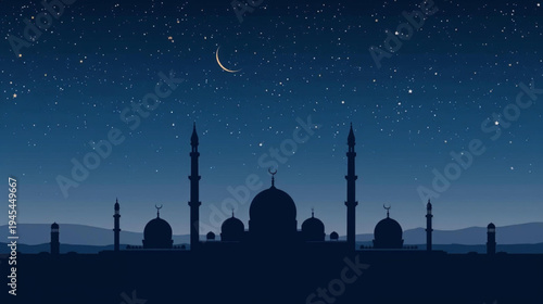 illustration silhouette of a grand mosque with minarets and domes under starry sky vector background