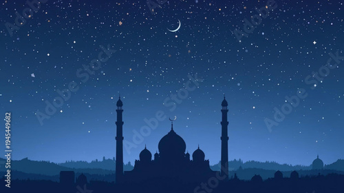 illustration silhouette of a grand mosque with minarets and domes under starry sky vector background