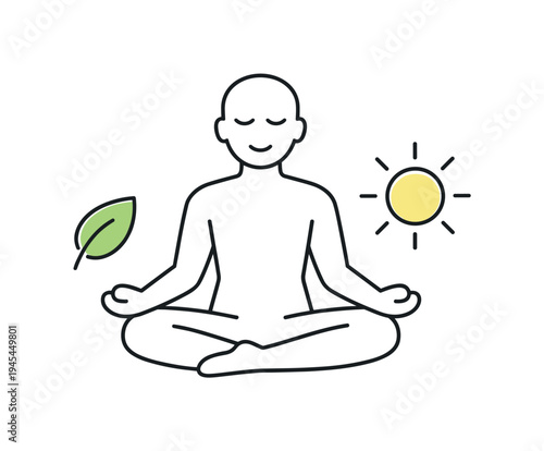 Daily wellness routine supporting balanced mental and physical wellbeing in a healthy lifestyle, a calm human figure beside a small leaf and a sun symbolizing mindfulness, gentle self care