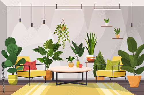 Home garden. A cozy room with a coffee table, two armchairs with decorative cushions and potted house plants. A space created for peaceful rest and nurturing indoor plants. Vector Not AI generated