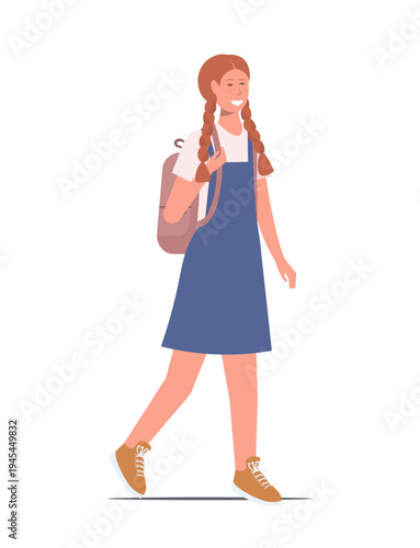 Portrait of a smiling freckled girl with red braids in summer clothes. Cute schoolchild with a brown backpack. Vector Not AI generate