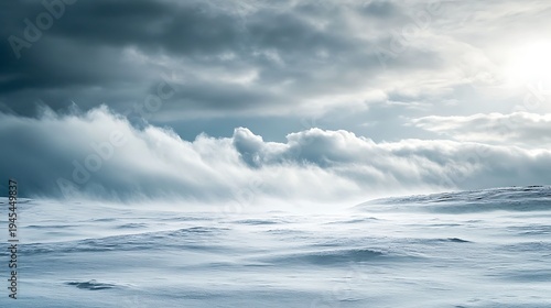 Dramatic sky over snowy landscape atmospheric scene with clouds and light