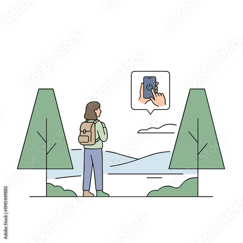 Woman taking a photo of scenic landscape with trees and mountains