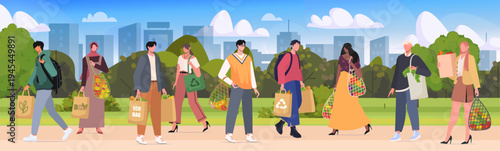 The use of reusable bags in everyday life. Group of people with reusable paper and tote bags, using eco shoppers instead of plastic bags. Concept of healthy lifestyle and saving the planet. Vector