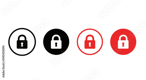 Set of black and red padlock security icons in circles