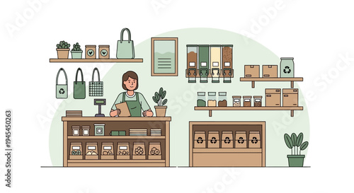 A friendly cashier operates within a modern, sustainable zero-waste store, featuring bulk food dispensers, eco-friendly products, and reusable shopping items.