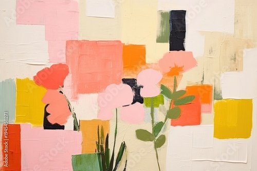 Abstract spring garden ripped paper art painting collage.