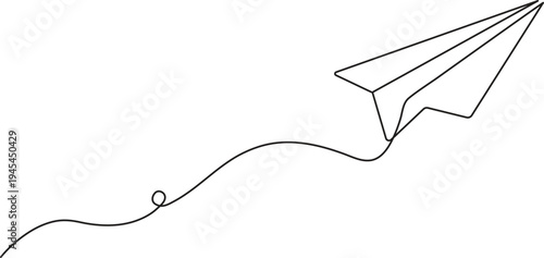 Minimalist continuous one line art illustration of a paper plane. Single line drawing paper plane vector illustration Paper plane flying up. Continuous one line drawing for business, travel or journey