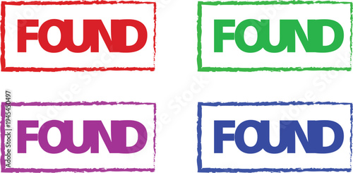 Found rubber stamp set in four colors, distressed rectangular found ink stamps, colorful office verification symbols for logistics and discovery