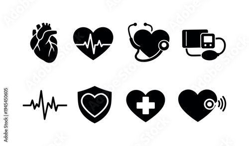 Cardiology heart health: anatomical heart, heart with heartbeat line, stethoscope around heart, blood pressure monitor cuff, electrocardiogram waveform, heart with shield, heart with cross
