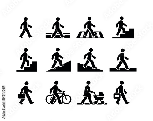 Urban pedestrian movement: pedestrian walking forward, pedestrian crossing street, pedestrian on crosswalk stripes, person walking upstairs, person walking downstairs, person walking uphill