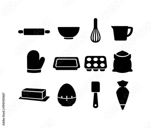Baking kitchen tools: rolling pin, mixing bowl, whisk, measuring cup, oven mitt, baking tray, cupcake mold, flour bag, butter stick, kitchen timer, spatula, icing piping bag