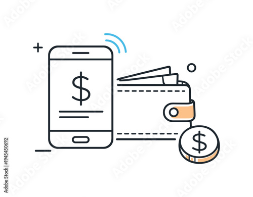 Modern fintech convenience and easy digital money management through mobile financial technology, a smartphone beside a small wallet and a single coin symbolizing quick payments, accessible