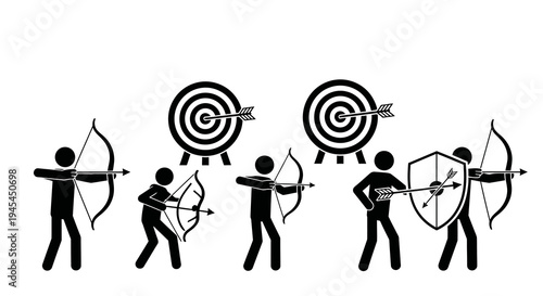 Archery and Bowman Stick Figure Icons Set with Targets