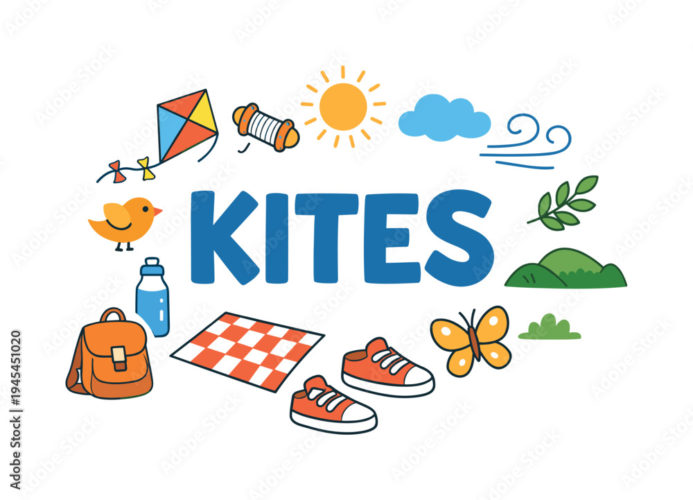 Fototapeta premium Outdoor family lifestyle concept focused on flying kites in open parks and fields during warm spring and summer days, a classic seasonal activity enjoyed by children and adults. KITES title