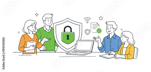 A team of professionals discussing responsible data protection practices during a workplace security briefing, gathered around a large shield combined with a simple lock icon placed beside a