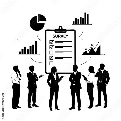 Business Team Analyzing Survey Data Group of People Silhouette with Checklist and Charts Market Research Vector Illustration