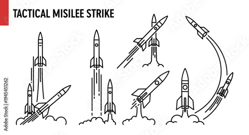 Multiple missile launches depicted in a line art illustration.