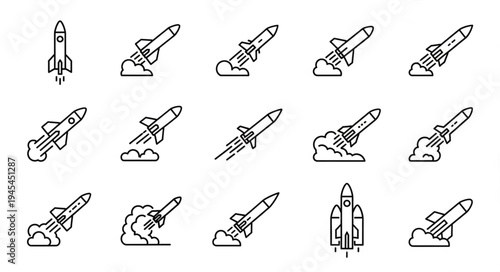 Collection of Rocket Icons in Various Stages of Launch and Flight.