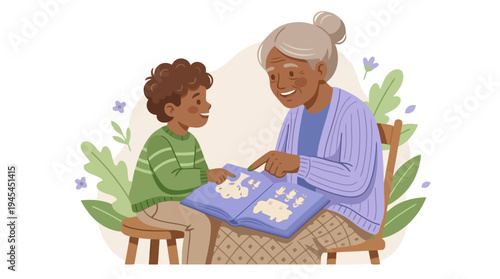 Grandmother and Grandson Reading a Book Illustration