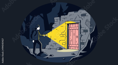 Hiker with Flashlight Discovering a Wooden Door in Stone Ruins at Night