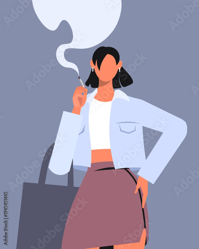 Tobacco dependence. Young modern woman holding a cigarette, smoking with confidence, symbolizing nicotine addiction. Vector Not AI generated