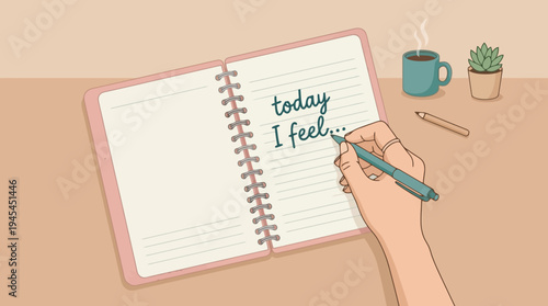 Hand writing in journal with coffee and plant flat illustration