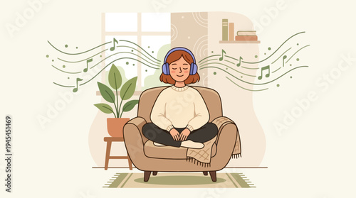 Young Woman Relaxing and Listening to Music with Headphones Illustration
