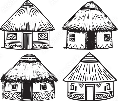 Distinct traditional huts with unique architectural designs silhouette vector