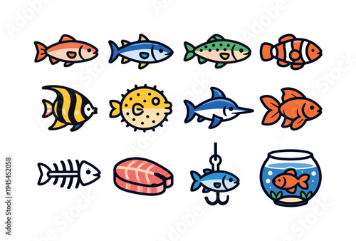 Fish collection aquatic species: salmon fish, tuna fish, trout fish, clownfish, angelfish, pufferfish, swordfish, goldfish, fish skeleton, fish fillet, fishing hook with fish, fish bowl