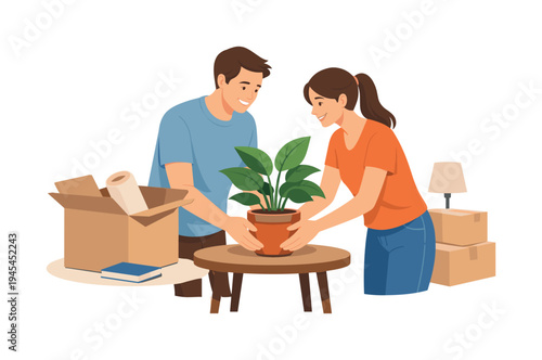 A young couple moving into a new apartment and organizing their belongings for the first evening in their new home, representing new beginnings and everyday domestic life, visual metaphor of