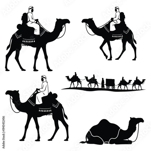 A collection of black silhouettes featuring camels in different poses, including walking, sitting, and lying down, with riders and a caravan, set against a white background.