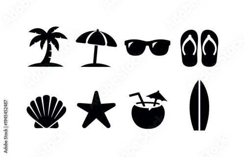 Summer tropical beach trip: palm tree, beach umbrella, sunglasses, flip flops, seashell, starfish, coconut drink, surfboard