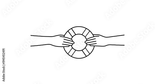 Two hands exchanging a life preserver ring in a minimalist style on a white background