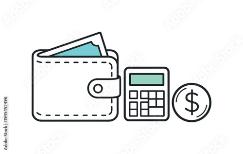 Personal financial tracking and responsible budgeting for everyday expenses and savings goals, a simple wallet beside a small calculator and a single coin symbolizing financial awareness