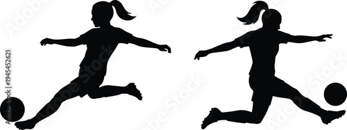 Female soccer player kicking ball silhouette dynamic football action sport athlete isolated black vector illustration