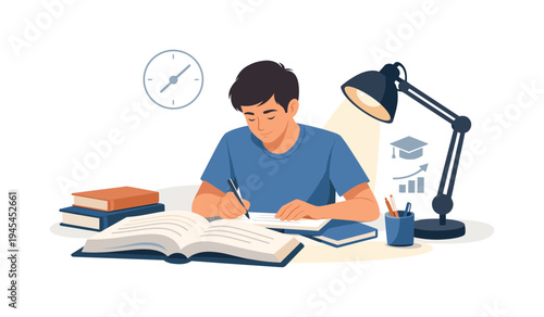 A young student preparing for an important exam during a quiet evening study session at home, representing education, discipline, and personal development through learning, visual metaphor