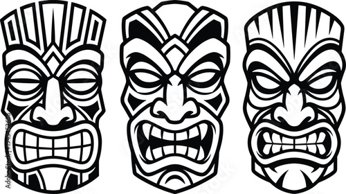 Tribal tiki mask vector illustration set with bold black lines representing traditional Polynesian culture decorative totem faces