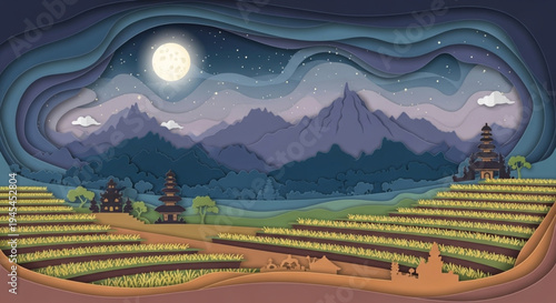 Serene Moonlit Landscape with Terraced Fields and Ancient Temples Under a Starry Night Sky, Featuring a Layered Paper Cut Style Illustration