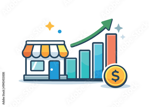 Small business growth and steady entrepreneurial progress in a modern digital marketplace environment, a simple storefront icon paired with a rising bar chart and a small coin symbolizing