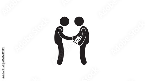 Two stick figures shaking hands over a document, symbolizing agreement and partnership in business. featuring handshake, contract, collaboration with