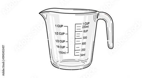 Clear glass measuring cup with markings for cups and milliliters, isolated on white background.