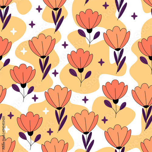 Vector seamless floral pattern with orange flowers. Illustration for fabric, wallpaper, textile, clothing, wrapping paper, background, banner. Geometric flowers. Boho motifs. Ethnic Indian pattern.