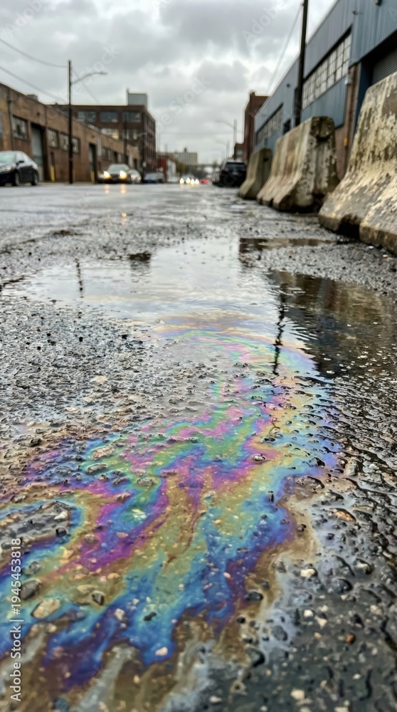 Fototapeta premium Close ground view of multicolored oil slick flowing across wet cobblestone pavement for grunge background and environmental texture design