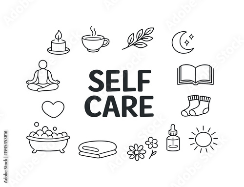 Daily self care and mental wellbeing routine concept focused on relaxation, healthy habits and maintaining emotional balance through mindful lifestyle practices. SELF CARE central title
