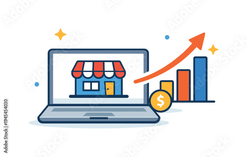 Small business entrepreneurship and independent online commerce supporting individuals building their own digital ventures, a laptop displaying a small storefront icon beside a rising arrow