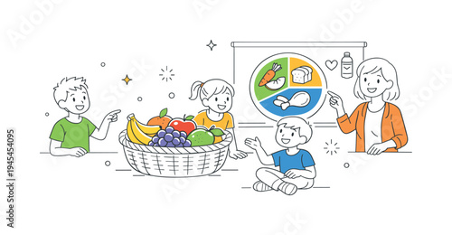 A group of school children learning about healthy nutrition during an interactive classroom lesson with their teacher, gathered around a large basket of fruits and a simple plate that